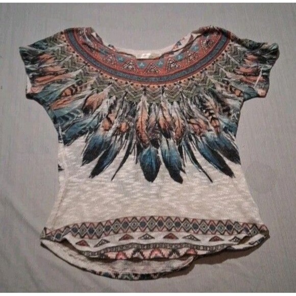 gaze Tops - Gaze Cream Boho Native Feathers Print Lightweight Top Size XS Womens Made In USA